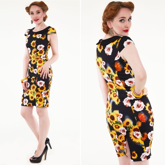 Voodoo Vixen Retro Sunflower Pencil Dress - Picture 1 of 14